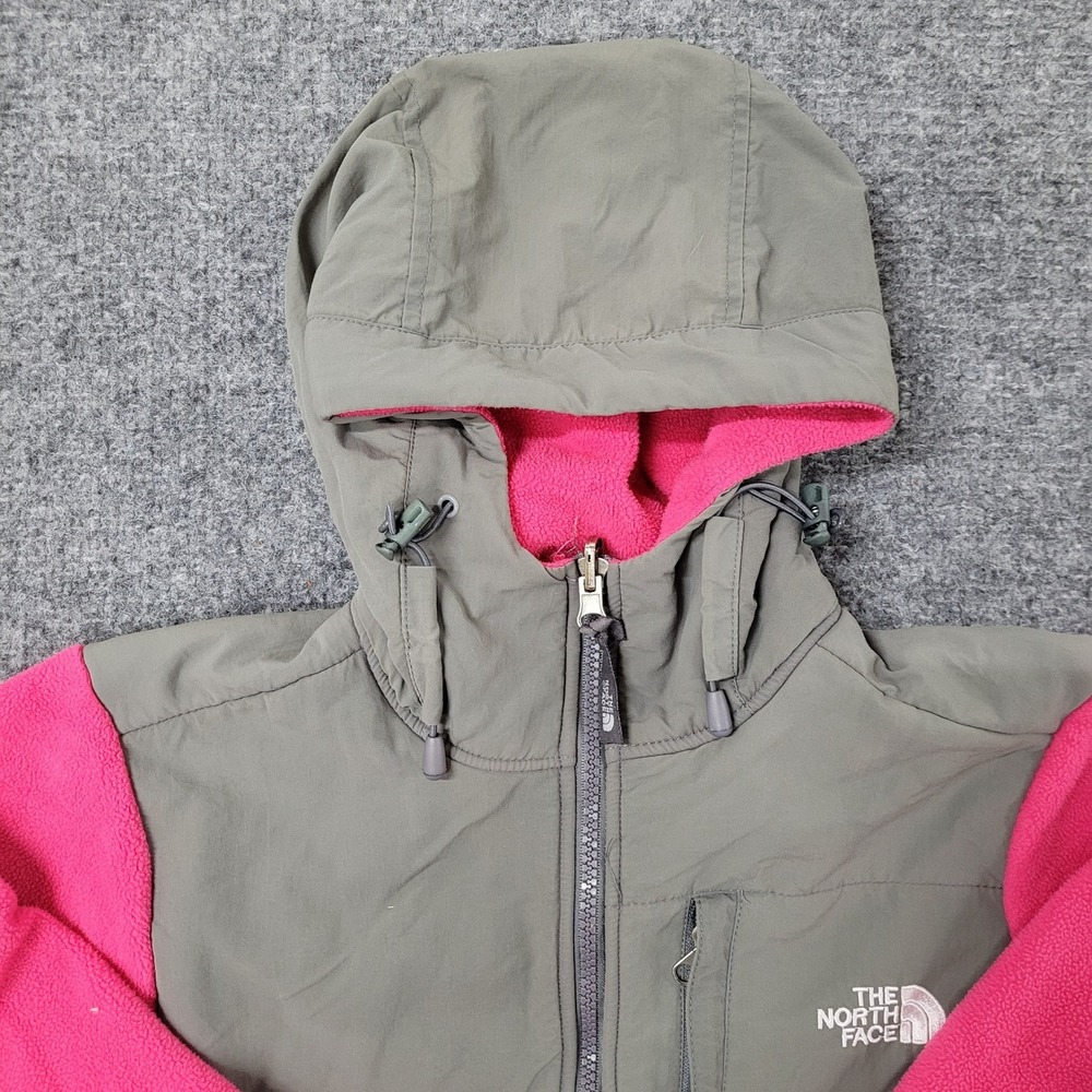 The North Face Jacket Womens Size M Pink Gray Denali Hooded Fleece Full Zip